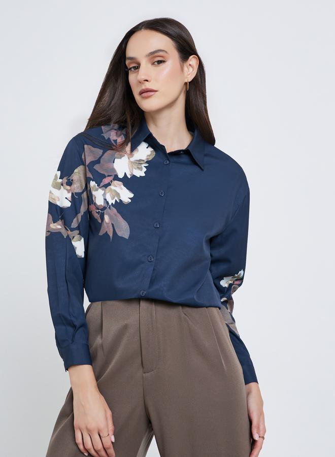 Styli Women Navy Blue Floral Print Regular Fit Shirt - Image 1