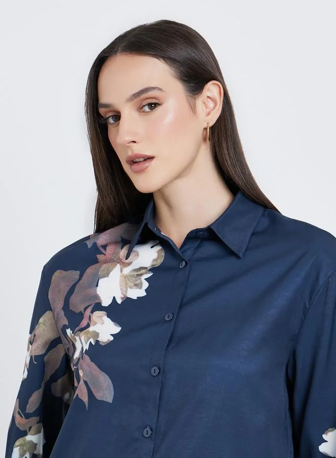 Styli Styli Women Navy Blue Floral Print Regular Fit Shirt