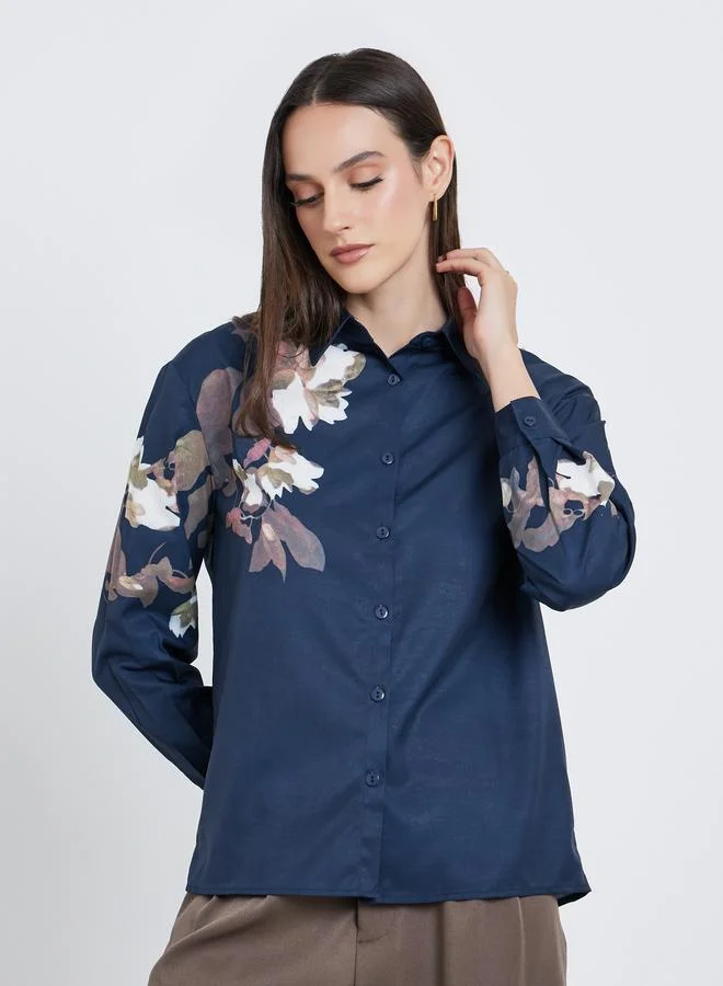 Styli Styli Women Navy Blue Floral Print Regular Fit Shirt