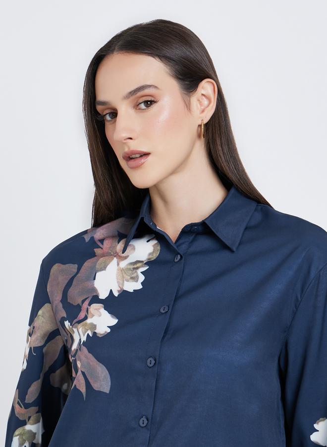 ستايلي قميص نسائي أزرق كحلي بطبعة زهور بقصة عادية - Image 4