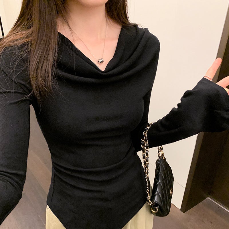 Korean Style Girl Design Pleated Irregular Top Women'S Small All-Match Long-Sleeved T-Shirt - Image 4