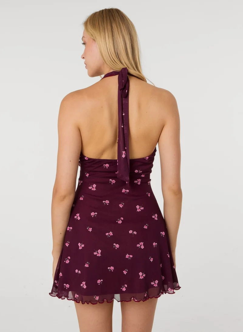 بينك فانيلا Floral Polka Dot Mesh Halter Dress