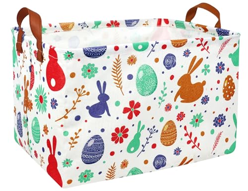 BOOHIT Rectangle Empty Easter Baskets Boy Large Toy Storage Bin Girls collapsible Hamper Waterproof Canvas Box Kid Gifts Spring Decor boho Red Rabbit - Image 1