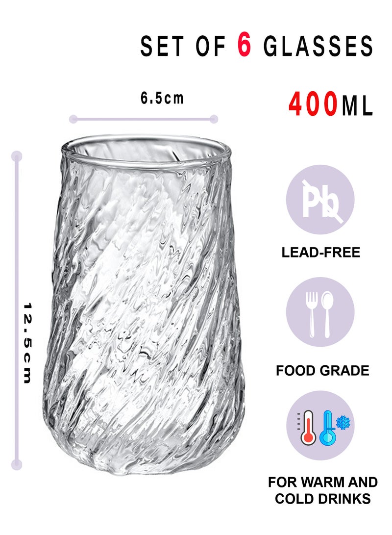6-Pack 400ml Clear Glass Tumblers with Spiral Texture, Tall Design for Beverages, Durable Drinkware Set - Image 2