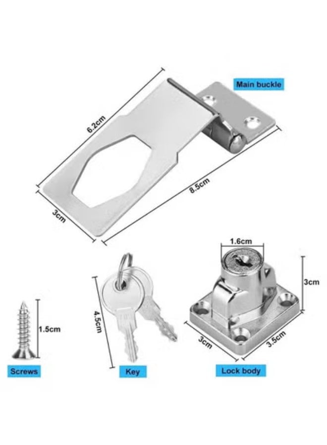 Small Hasp and Staple 90 Degrees Metal Lock Hasp 3 Inch/76mm Door Bolt Latch Buckle Safety Door Clasp Knob Shed Locks with Padlock, Key, Screws for Cabinets Cupboard Drawer Gate - Image 2