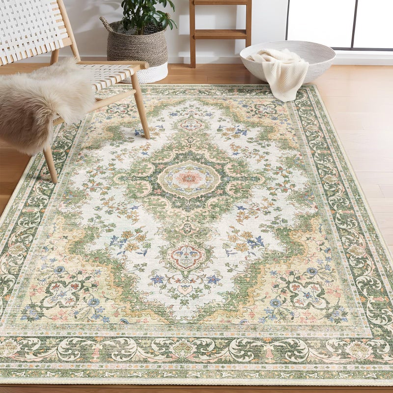 Castage Green Rug 3'x5',Washable Area Rugs for Bedroom Living Room Kitchen Entryway Bedside,Small Boho Vintage Bohemian Distressed Oriental Non Slip Carpet,Sage Floral - Image 1