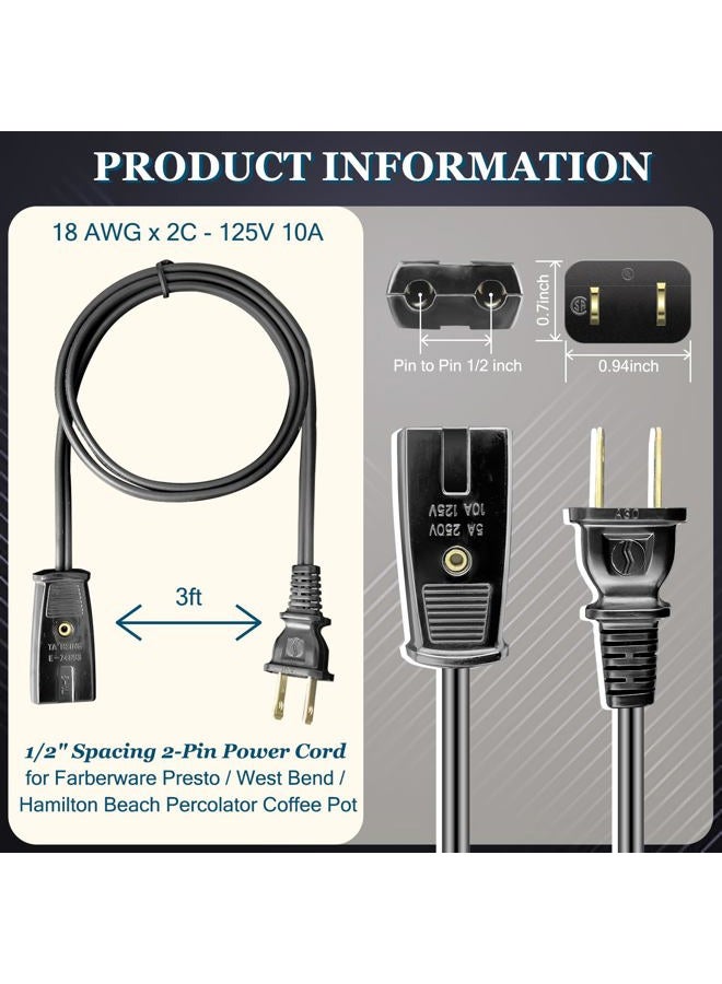 HASMX 2 Prong Percolator Power Cord 36" for Farberware 134, 138, 142 Coffee Pot Percolator Cord 1/2 Inch Wide, 2pin Cord Black 3ft Length (1-Pack) - Image 3