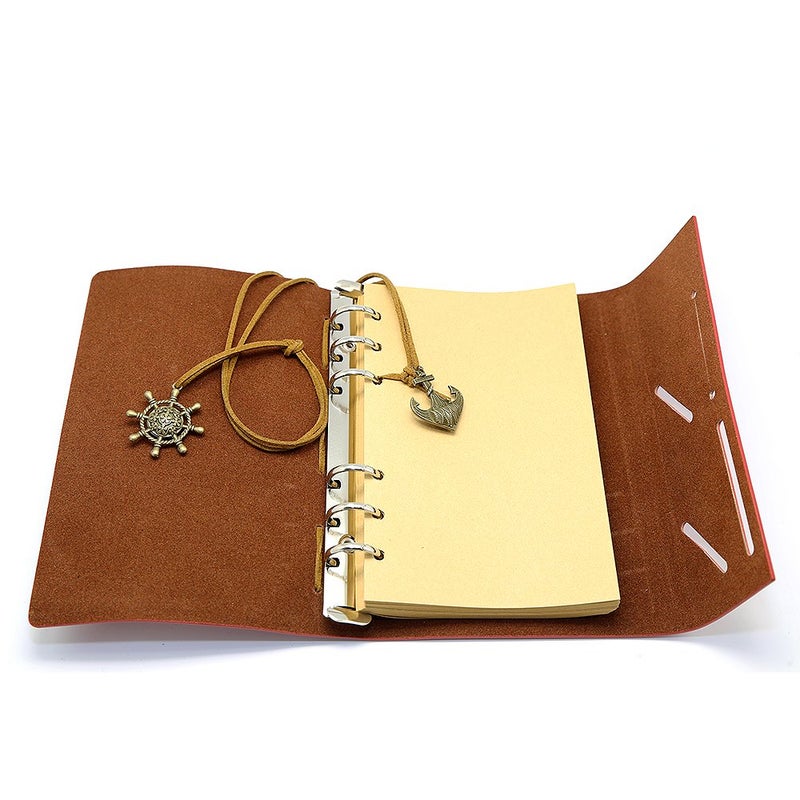 EvZ Leather Writing Journal Notebook, EvZ 7 Inches Vintage Nautical Spiral Blank String Diary Notepad Sketchbook Travel to Write in, Unlined Paper, Retro Pendants, Classic Embossed, Coffee - Image 4