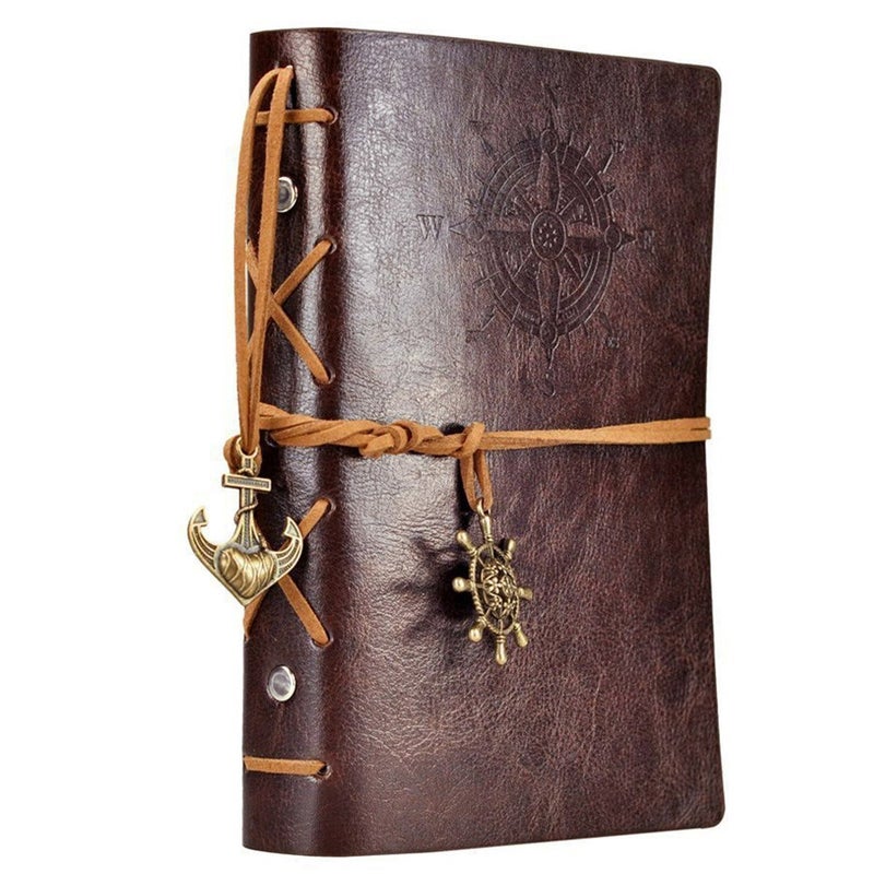 EvZ Leather Writing Journal Notebook, EvZ 7 Inches Vintage Nautical Spiral Blank String Diary Notepad Sketchbook Travel to Write in, Unlined Paper, Retro Pendants, Classic Embossed, Coffee - Image 1