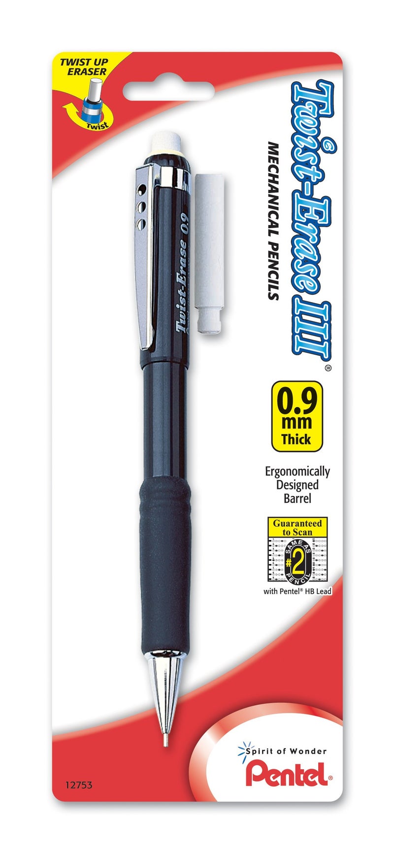 Pentel قلم رصاص أوتوماتيكي بنتل توست-إيريز III مع 1 إعادة تعبئة ممحاة، 0.9 مم، براميل متنوعة، 1 عبوة (QE519BP-K6) - Image 1