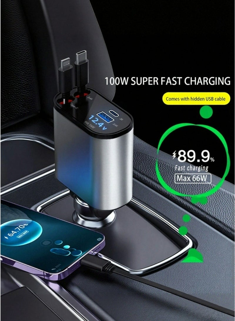 4-in-1 Retractable Car Charger Fast Charging Station, Dual USB-C & Lightning Cables, 180° Adjustable Car Charger with Dual Cigarette Lighter Adapter for iPhone, Android, Tablet & Laptop - Image 1