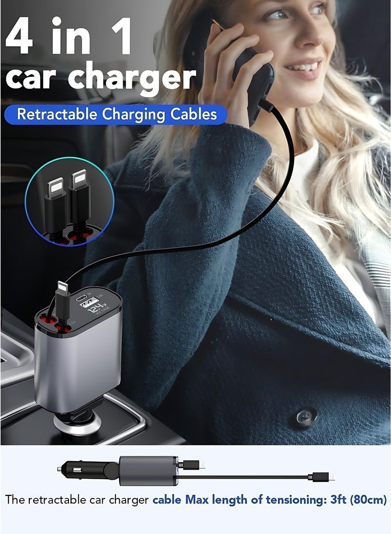 4-in-1 Retractable Car Charger Fast Charging Station, Dual USB-C & Lightning Cables, 180° Adjustable Car Charger with Dual Cigarette Lighter Adapter for iPhone, Android, Tablet & Laptop - Image 3