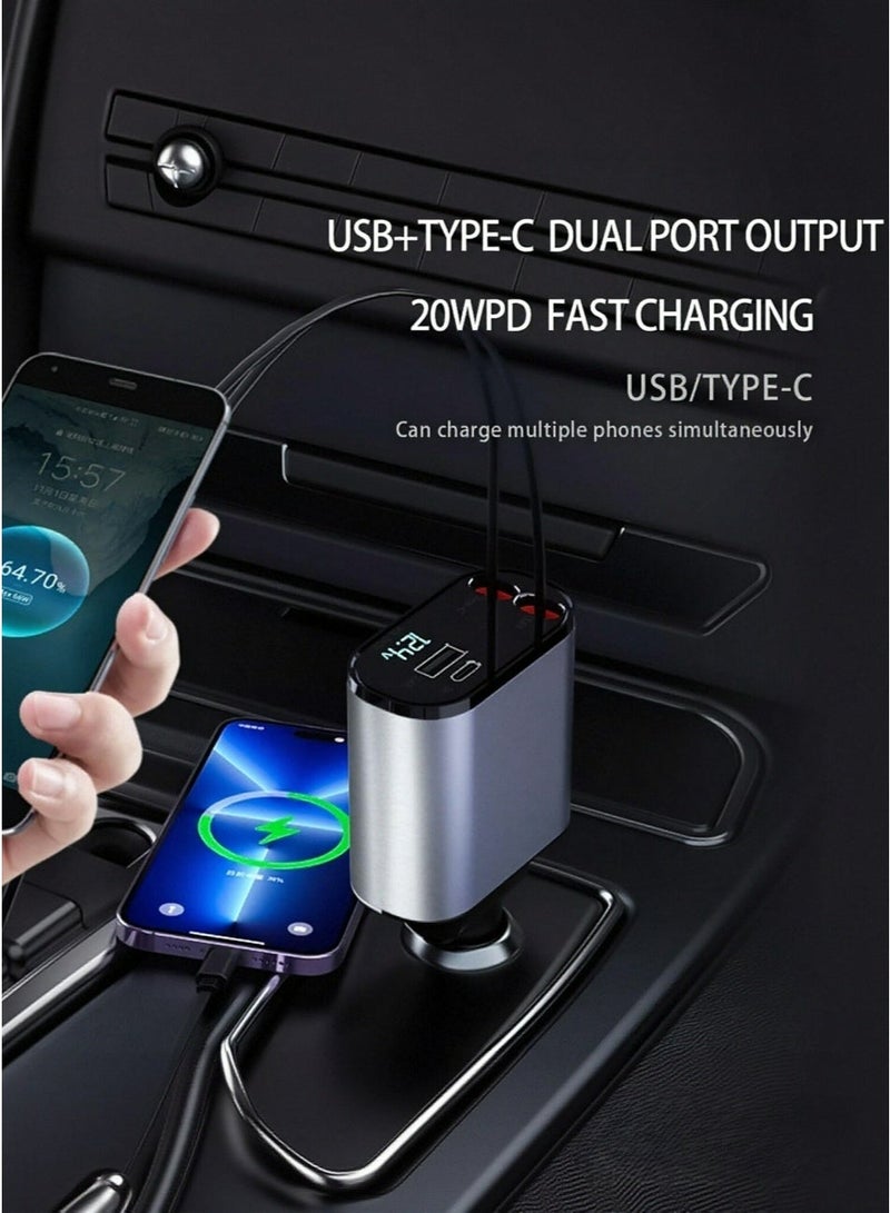 4-in-1 Retractable Car Charger Fast Charging Station, Dual USB-C & Lightning Cables, 180° Adjustable Car Charger with Dual Cigarette Lighter Adapter for iPhone, Android, Tablet & Laptop - Image 2