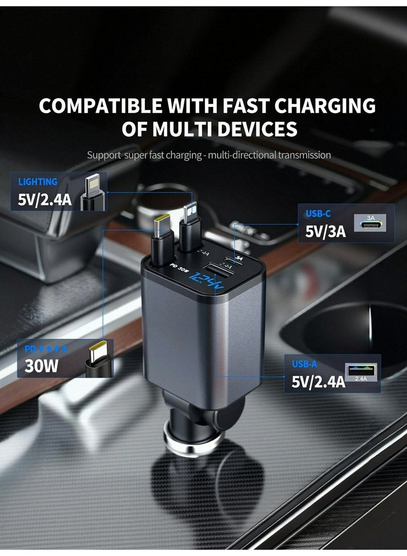 4-in-1 Retractable Car Charger Fast Charging Station, Dual USB-C & Lightning Cables, 180° Adjustable Car Charger with Dual Cigarette Lighter Adapter for iPhone, Android, Tablet & Laptop - Image 4
