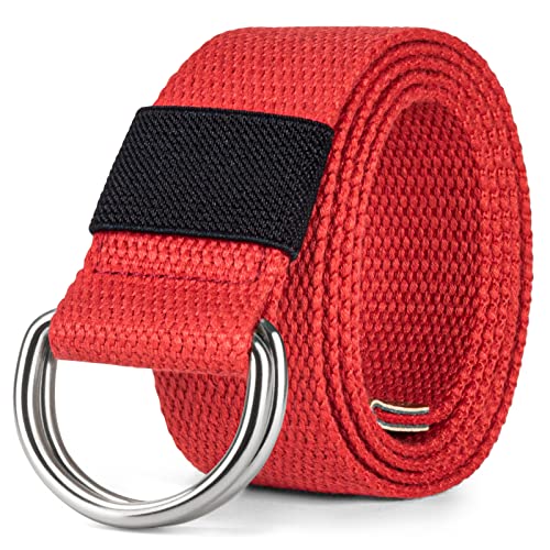 maikun Canvas Web Belt Silver Double D-ring Buckle 1 1/2 Inch Wide, Cloth Red Belt for Men, Length 140cm - Image 1