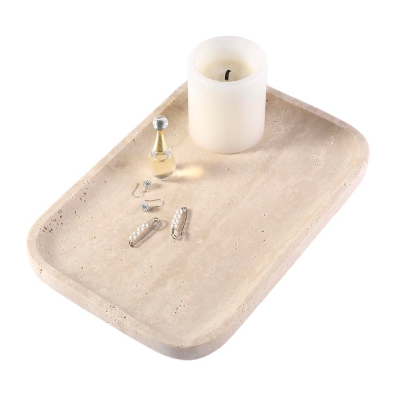 karibiber Marble Vanity Tray for Dresser Organizer Travertine Bathroom Tray Countertop Beige Decorative Serving Trays Kitchen Sink Storage Jewelry Perfume HolderTravertino Romano - Image 2