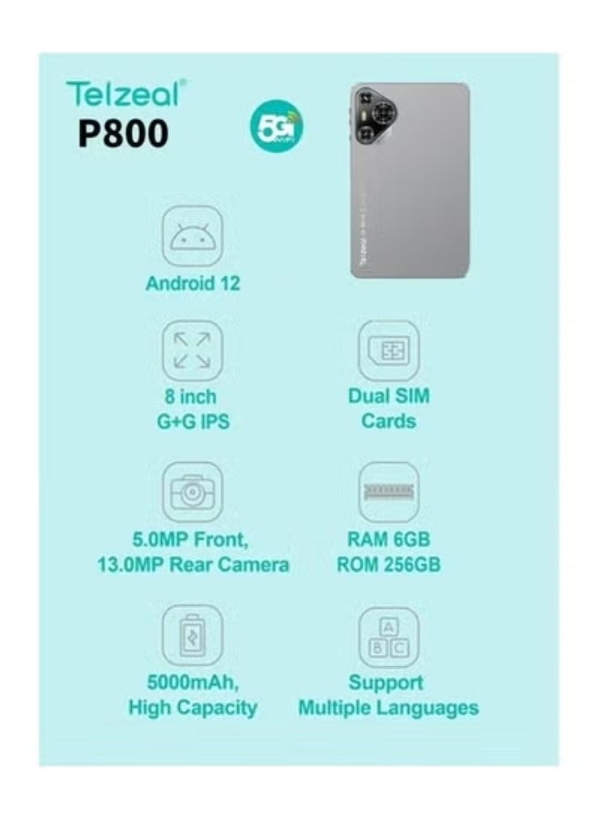 Telzeal P800 8-Inch Android 12 Tablet with 6GB RAM + 256GB Storage, Dual SIM 4G LTE + 5G Wi-Fi, 5000mAh Battery, Wireless Keyboard Bundle, Slim Lightweight Design – Grey - Image 4