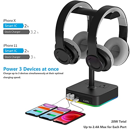 KAFRI RGB Dual Headphone Stand with USB C Charger Desk Gaming Double Headset Holder Hanger Rack with 3 USB Charging Port and 2 Outlet - Suitable for Gamer Desktop Table Game Earphone Accessories Gift - Image 3