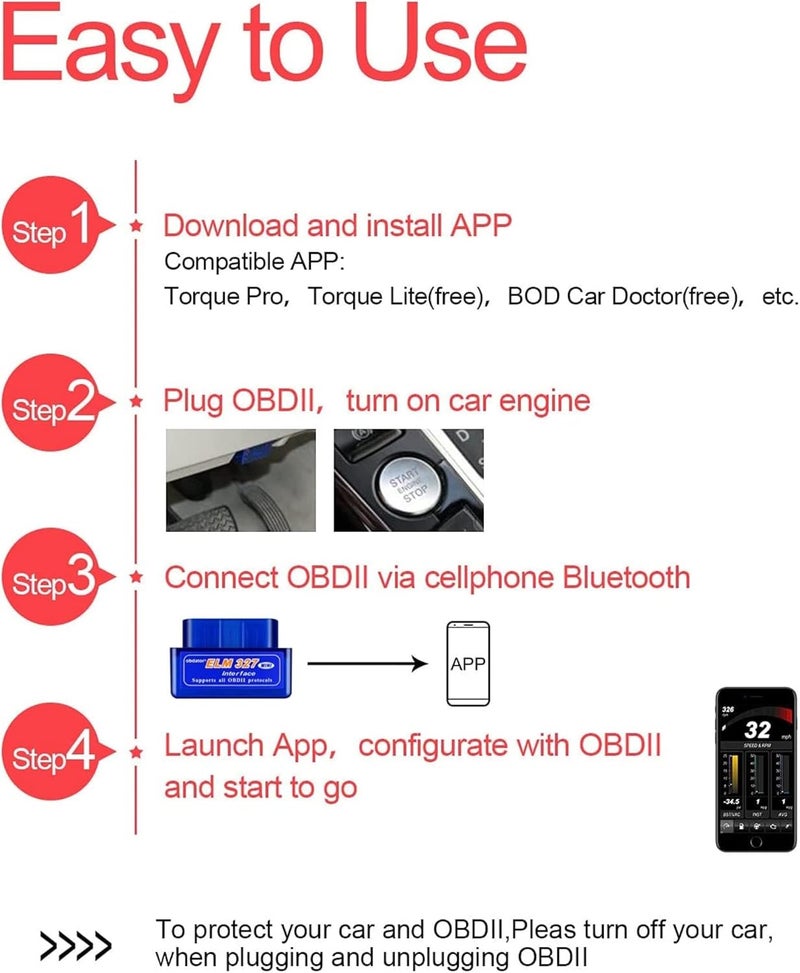 Careflection قارئ الأكواد الذكي CareFlection Android Torque ELM 327 2.1v OBD2 اللاسلكي بروتوكولات السيارات أداة تشخيص المركبات لجميع السيارات والدراجات ضمان مدعوم يعمل على iOS و Android و Windows (بلوتوث) - Image 2