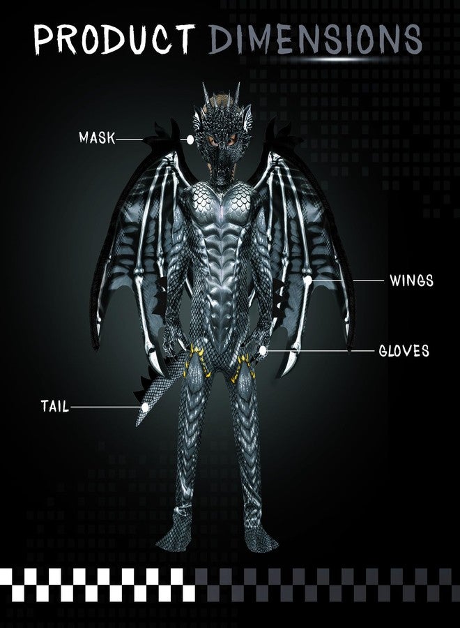 digi Dragon Costume for kids,Halloween costume Scary Goblin Dragon Full Body Jumpsuit with Wings Tail Spikes for boy 4-12 -Black - Image 3