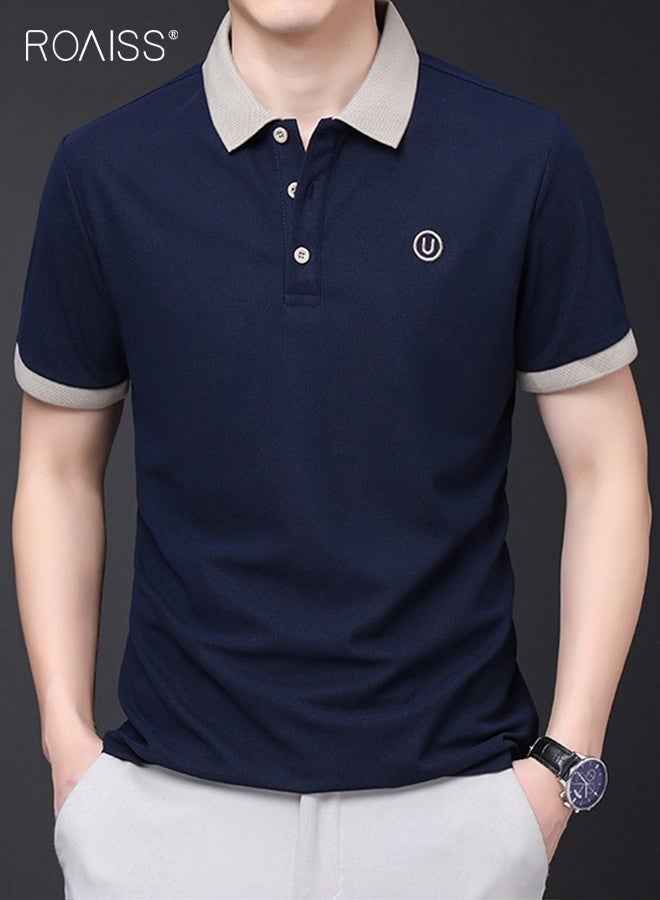 رويس قميص بولو رجالي جديد بأكمام قصيرة، تي شيرت كاجوال قابل للتنفس، تي شيرت رجالي صيفي عصري رائع مطرز بياقة مطوية، تي شيرت جولف أسود - Image 1
