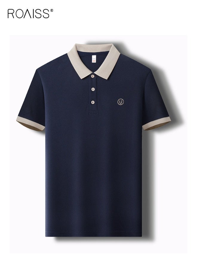 رويس قميص بولو رجالي جديد بأكمام قصيرة، تي شيرت كاجوال قابل للتنفس، تي شيرت رجالي صيفي عصري رائع مطرز بياقة مطوية، تي شيرت جولف أسود - Image 2