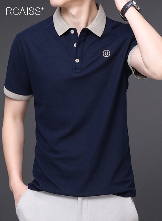 رويس قميص بولو رجالي جديد بأكمام قصيرة، تي شيرت كاجوال قابل للتنفس، تي شيرت رجالي صيفي عصري رائع مطرز بياقة مطوية، تي شيرت جولف أسود - Image 4
