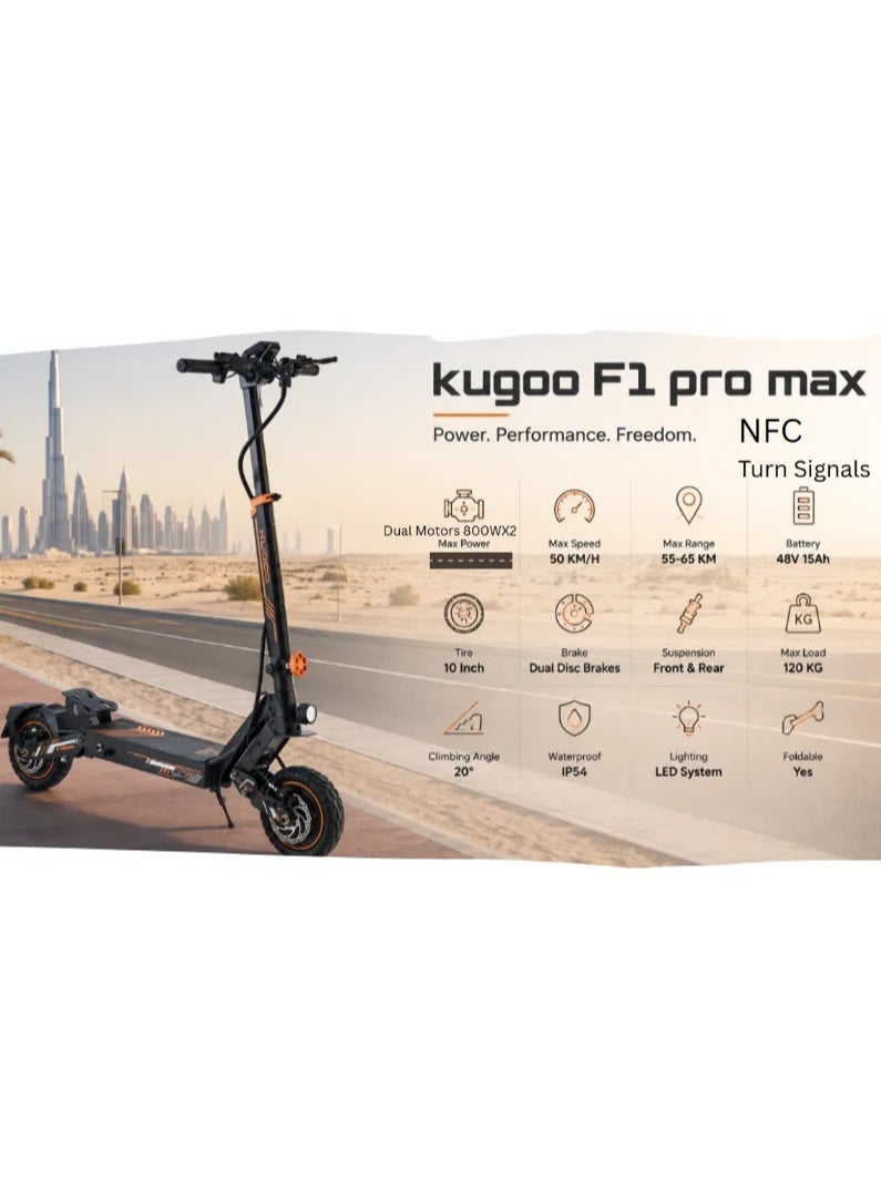 Kugoo F1 Pro Max Dual Motor Electric Scooter with 48V 22.4ah Battery, 1600 watts dual motors, with up to 50km range - Image 4