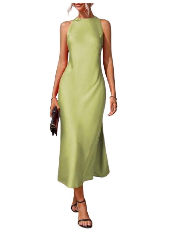 Women's Spring And Summer Sleeveless Split Satin Imitation Silk Long Skirt
