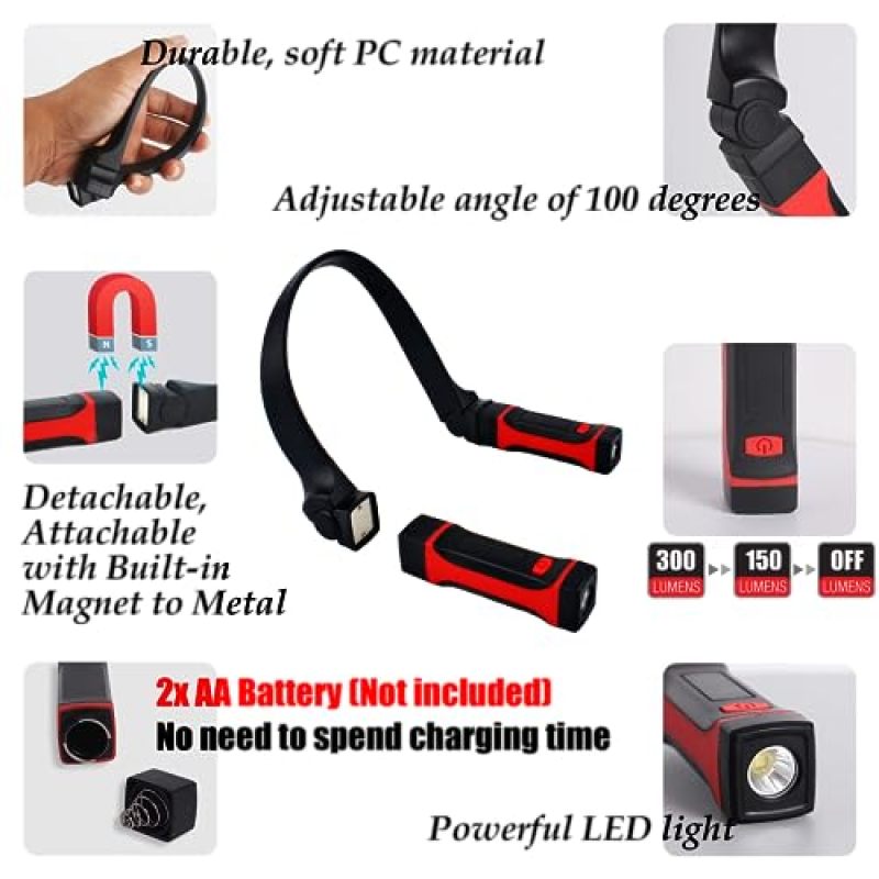 Magnetic Neck Light: Red Cordless Hands Free Light - Adjustable Dual Led Light for Reading Craft Repair - Image 3
