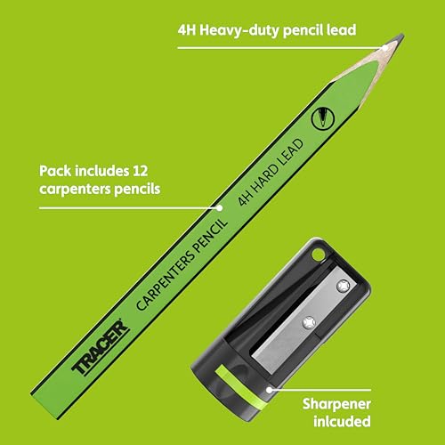 TRACER 4H Carpenters Pencils (Hard Lead) 12 Pack with Carpenters Pencil Sharpener. Carpenters Pencil x 12 - Image 2