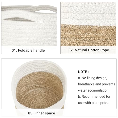 Dahey Small Cotton Rope Plant Basket Woven Plant Coiled Basket for Up to 7" Planter, Decorative Flower Pot Cover Closet Storage Bin Table Desk Organizer for Home Decor, White and Beige - Image 4
