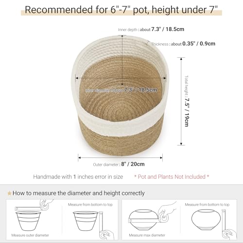 Dahey Small Cotton Rope Plant Basket Woven Plant Coiled Basket for Up to 7" Planter, Decorative Flower Pot Cover Closet Storage Bin Table Desk Organizer for Home Decor, White and Beige - Image 2