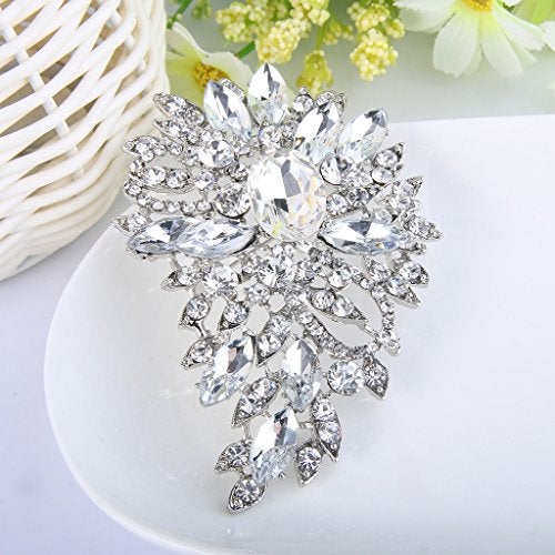 EVER FAITH Women's Austrian Crystal Wedding Flower Leaf Bouquet Brooch Clear Silver-Plated-Base - Image 3