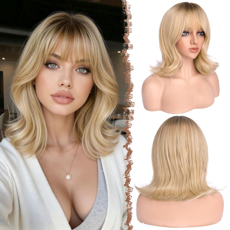 FESHFEN Shoulder Length Bob Wigs with Bangs for Women Ombre Blonde Natural Layered Wavy Synthetic Wig For Daily Party Costume Use 14 Inch - Image 2