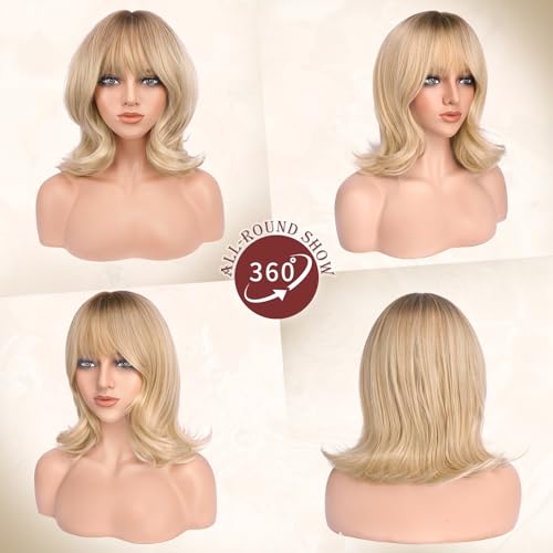 FESHFEN Shoulder Length Bob Wigs with Bangs for Women Ombre Blonde Natural Layered Wavy Synthetic Wig For Daily Party Costume Use 14 Inch - Image 3