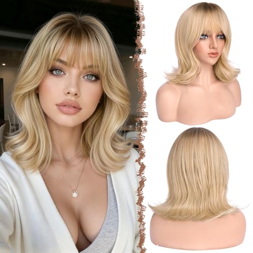 FESHFEN Shoulder Length Bob Wigs with Bangs for Women Ombre Blonde Natural Layered Wavy Synthetic Wig For Daily Party Costume Use 14 Inch - Image 1
