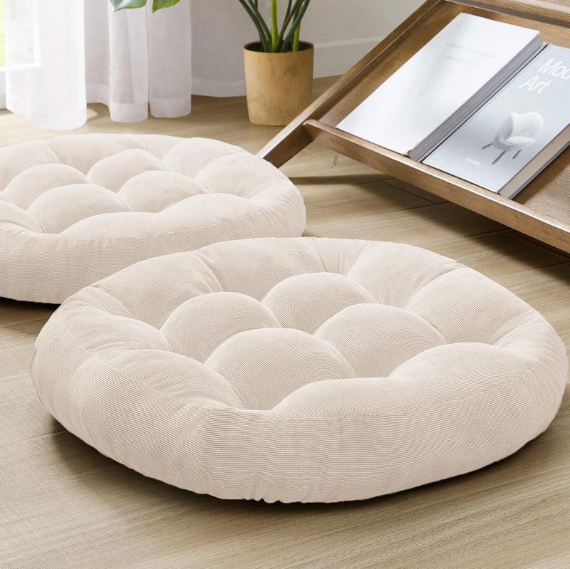 Degrees of Comfort Meditation Floor Pillow Set of 2 Round Large Pillows Seating for Adults Tufted Corduroy Cushion for Living Room Tatami Beige 22 Inch