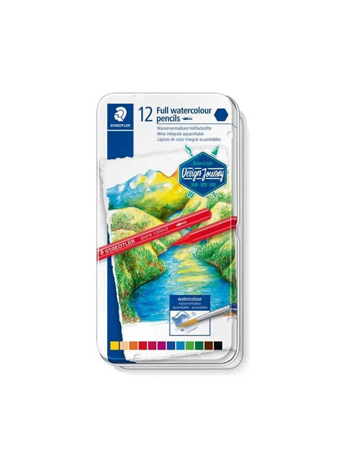 ستدلر علبة أقلام ألوان مائية كاملة من ديزاين جورني، علبة معدنية 12 لونًا متنوعًا