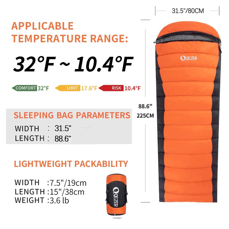 QEZER Down Sleeping Bag for Adults 600 Fill Power Cold Weather Sleeping Bag Ultralight with Compression Sack for Backpacking, Camping, Hiking - Image 2