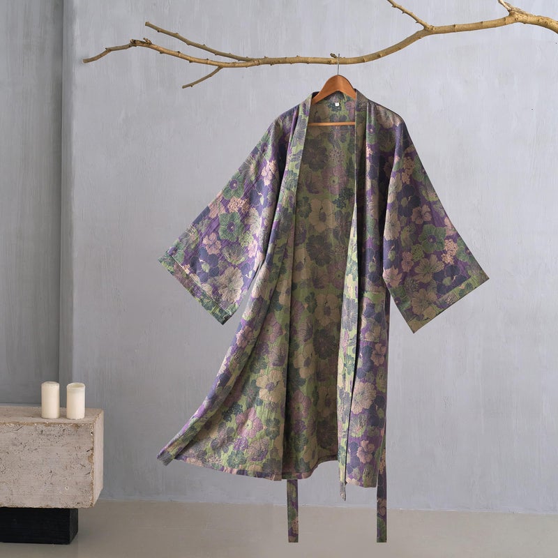 Purefair 100% Cotton Gauze Peach Bloosom Kimono Robe, Long Knit Loose Bathrobe Nightgown Ladies Loungewear Sleepwear for Women - Image 2