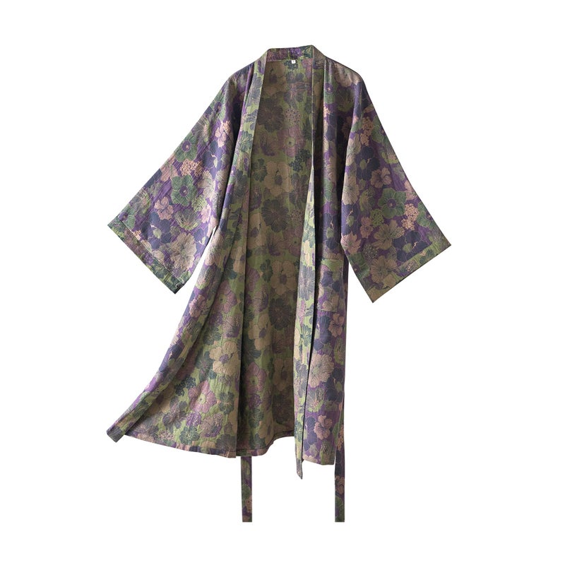 Purefair 100% Cotton Gauze Peach Bloosom Kimono Robe, Long Knit Loose Bathrobe Nightgown Ladies Loungewear Sleepwear for Women - Image 1
