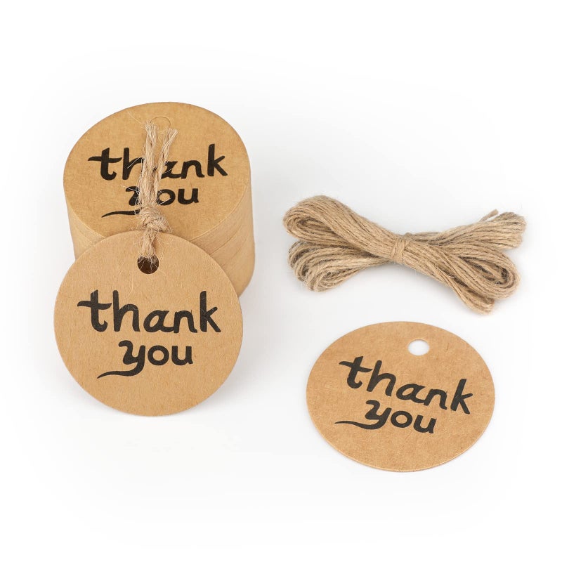 G2PLUS 100PCS Thank You Tags 17 in Round Calligraphy Thank You Tags Brown Kraft Paper Gift Tag with String for Gift Wrapping DIY Arts Crafts Wedding Party Favors