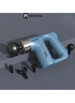 Muscle massage gun device with five speeds and four multi-heads with a strong and safe battery. Helps relax muscles. Blue