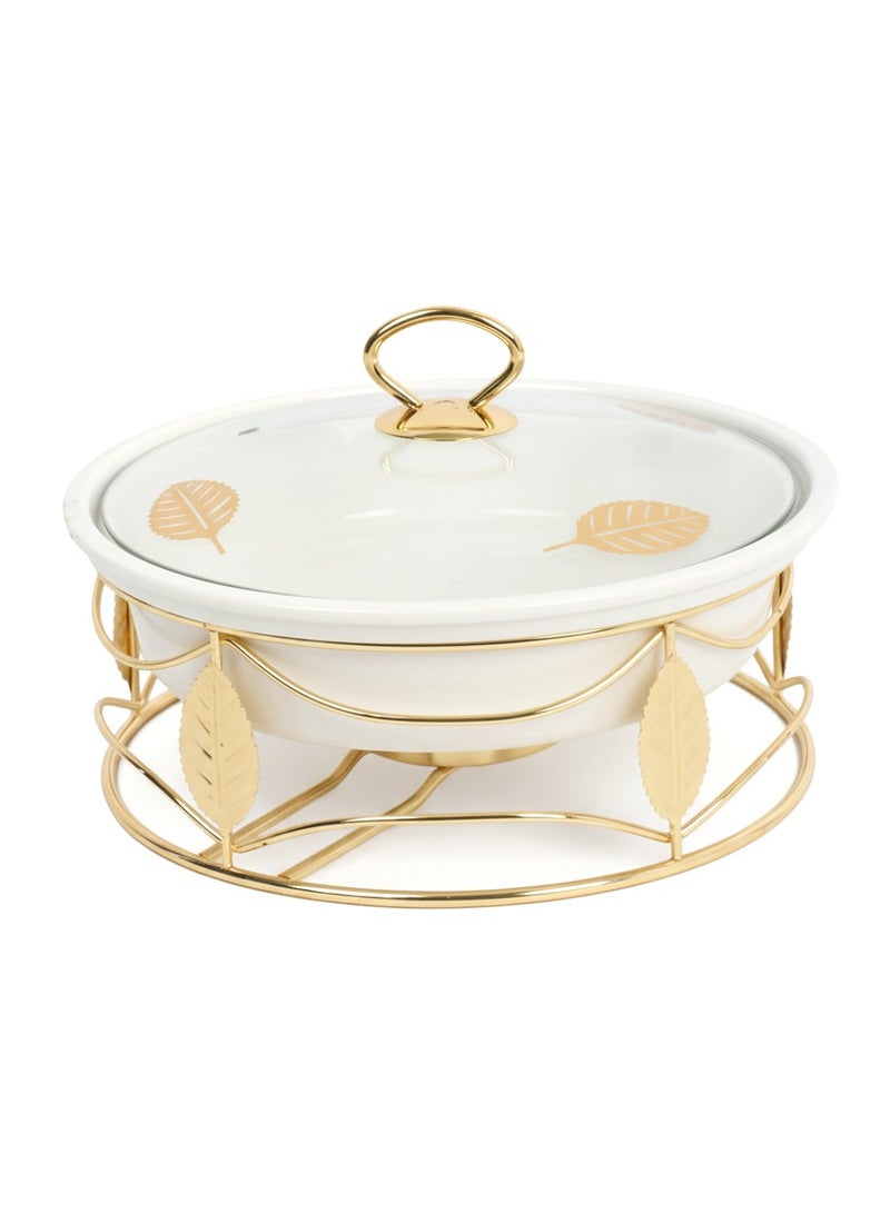 وعاء تقديم دائري سيراميك 10 بوصة مع حامل تسخين ذهبي مزخرف – لتقديم الطعام بأناقة - Image 1