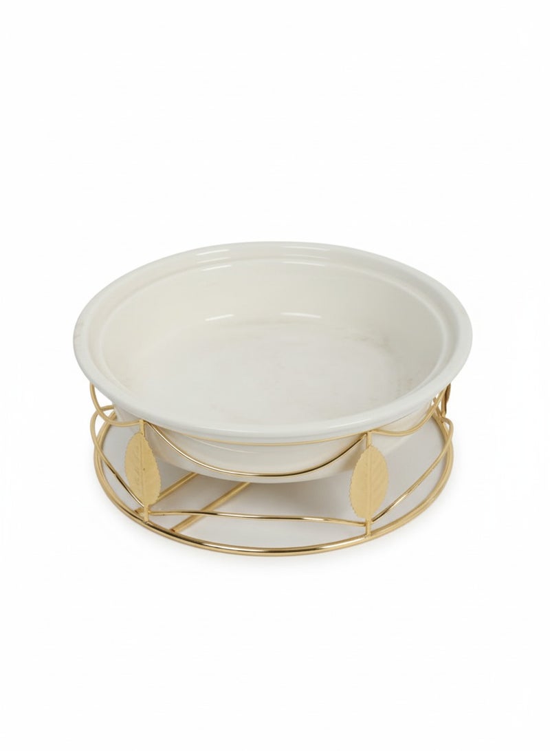 وعاء تقديم دائري سيراميك 10 بوصة مع حامل تسخين ذهبي مزخرف – لتقديم الطعام بأناقة - Image 3