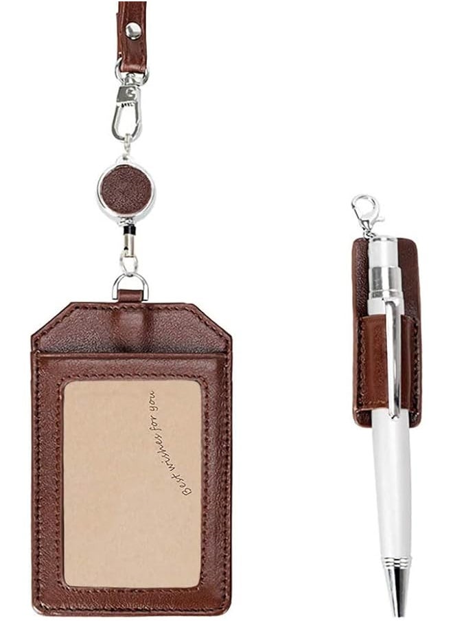 X spring Office Badge Holder Brown Retractable Badge Holders With Pen Holder Leather Credit Id Card Holder With Stretch Neck Lanyard Vertical Style For Teacher Student  - Image 1