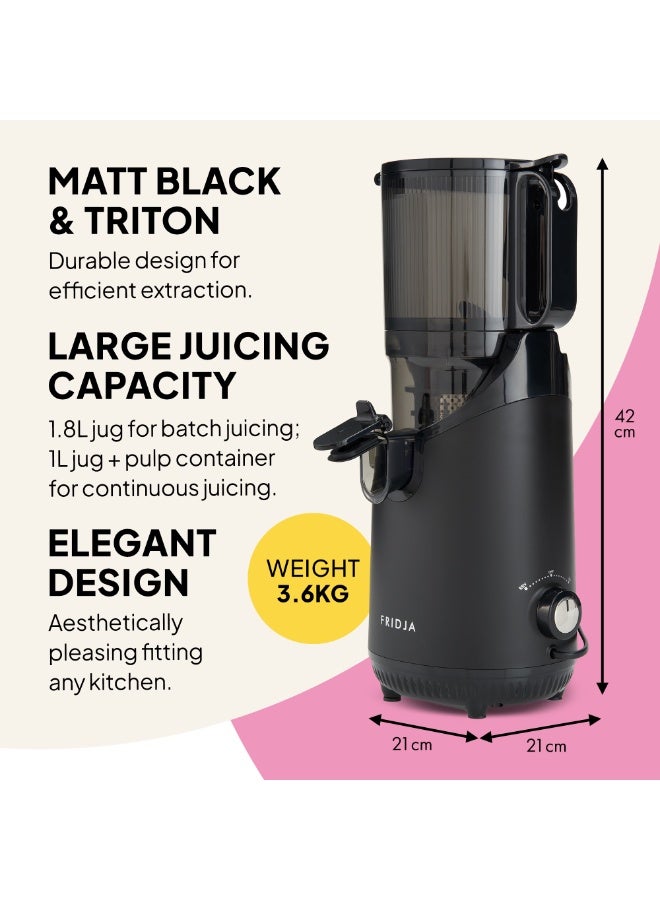 فريدجا عصارة فريجا f2500 ذاتية التغذية – عصارة بطيئة ممتازة لاستخلاص العصير من الفواكه الكاملة – فتحة تغذية واسعة 135 مم، بقدرة 250 واط – عصر بارد للعصير وحليب المكسرات – بحجم كامل – باللون الأسود غير اللامع - Image 4