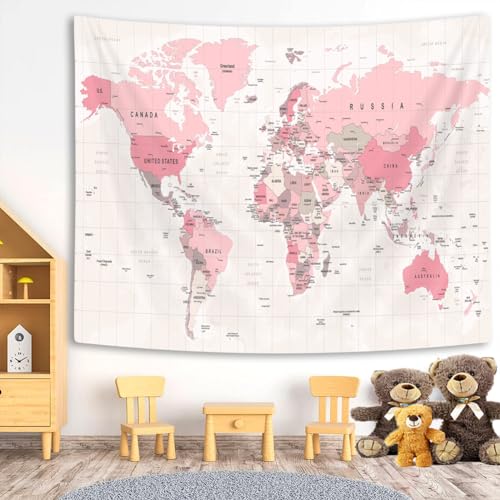VeiVian Pink World Map Tapestry, Map of World Vintage Topography Educational Tapestries Posters for College Kids Student Dorm Wall Art, Geographical Travel Map Tapestry for Girl Bedroom Nursery Decor, 40X30in - Image 3