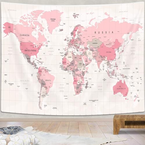 VeiVian Pink World Map Tapestry, Map of World Vintage Topography Educational Tapestries Posters for College Kids Student Dorm Wall Art, Geographical Travel Map Tapestry for Girl Bedroom Nursery Decor, 40X30in - Image 5